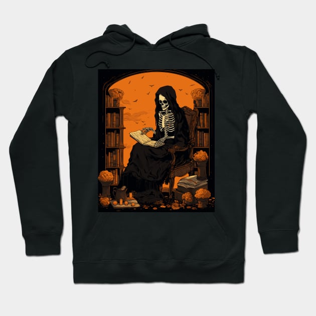 Halloween Reader Librarian Skeleton Reader Bookish Hoodie by RetroZin